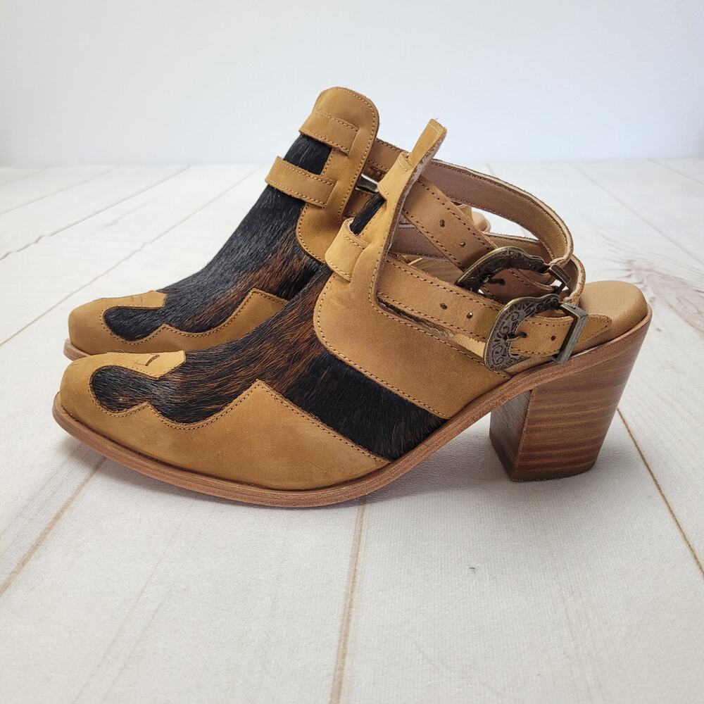Agave Sky brindle cowhide hair boots mustard leather Annie Bootie buckle 9.5